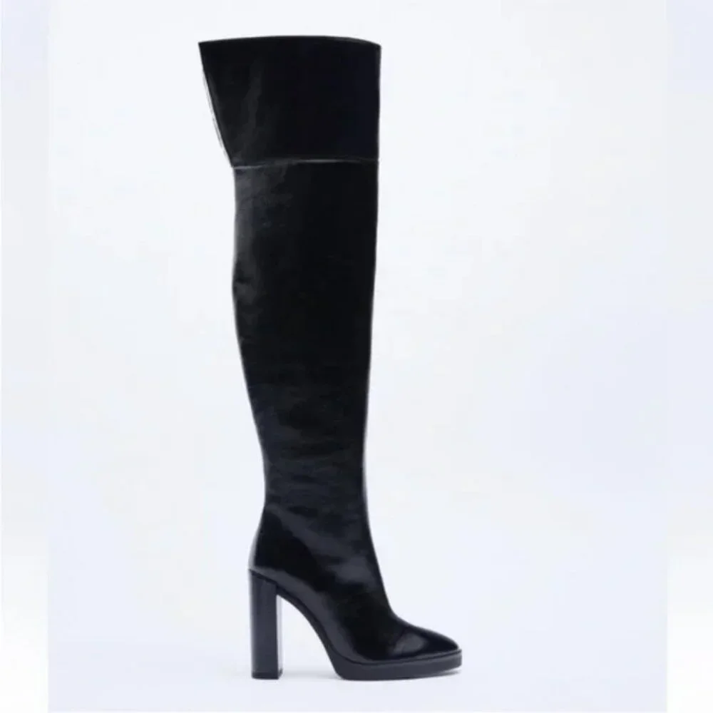 Zara Over The Knee Leather Boots with Faux Shearling Lining